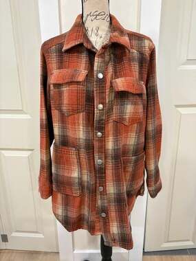 One 5 One Orange Brown Plaid Flannel Fleece Shacket Size Large